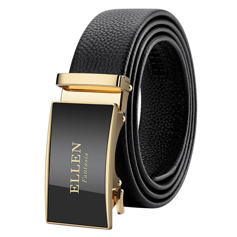 Genuine Leather Belt with Alloy Buckle and Automatic Adjustment System