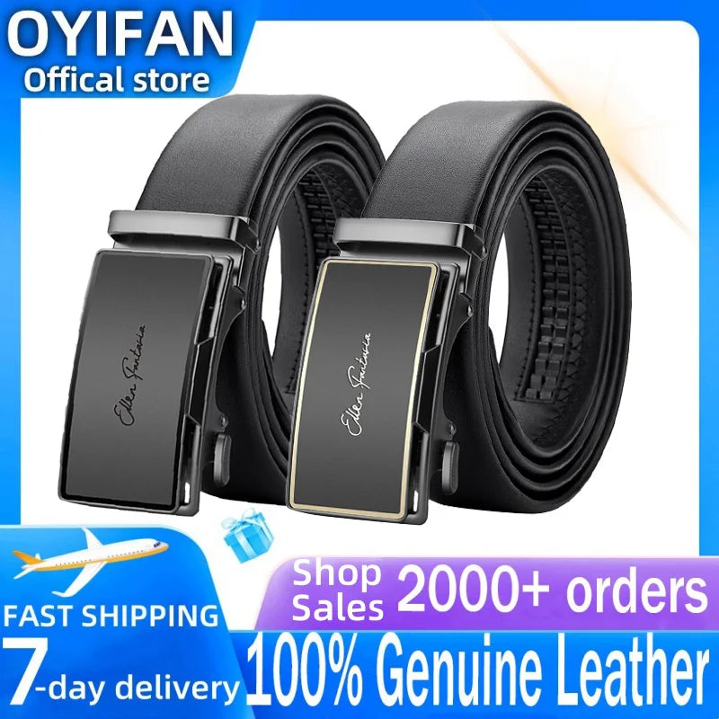 Genuine Leather Belt with Alloy Buckle and Automatic Adjustment System