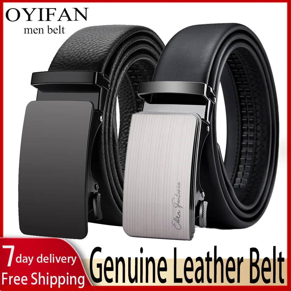 Genuine Leather Belt with Alloy Buckle and Automatic Adjustment System