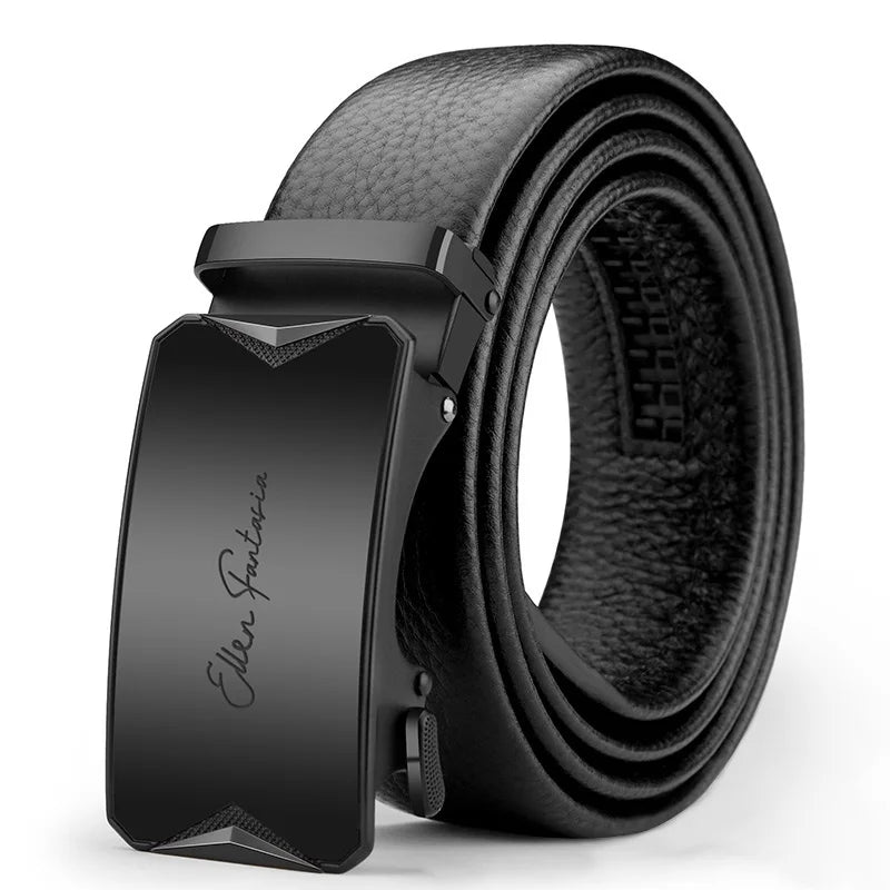 Genuine Leather Belt with Alloy Buckle and Automatic Adjustment System
