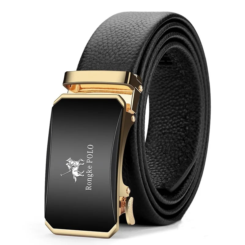 Genuine Leather Belt with Alloy Buckle and Automatic Adjustment System
