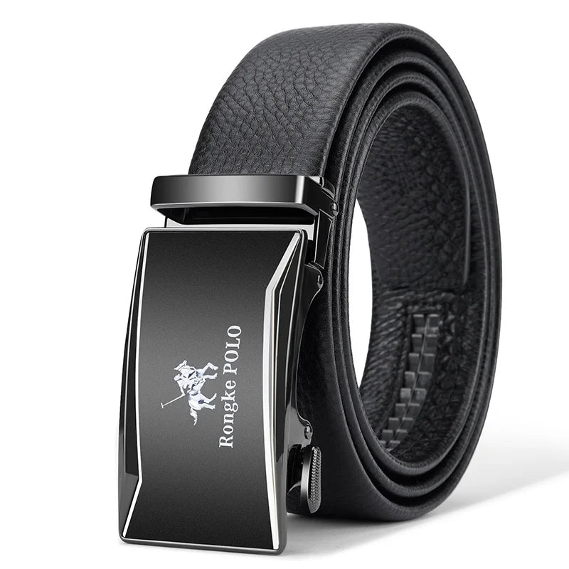 Genuine Leather Belt with Alloy Buckle and Automatic Adjustment System