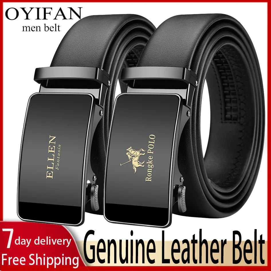 Genuine Leather Belt with Alloy Buckle and Automatic Adjustment System