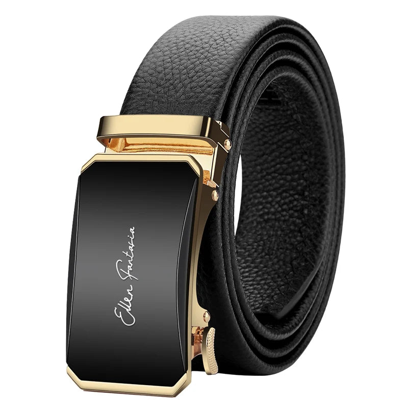 Genuine Leather Belt with Alloy Buckle and Automatic Adjustment System